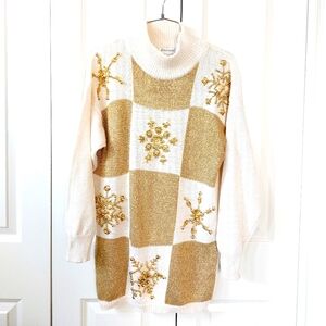 Gold and Cream Snowflake Turtleneck Sweater size‎ Medium Eminent Vintage